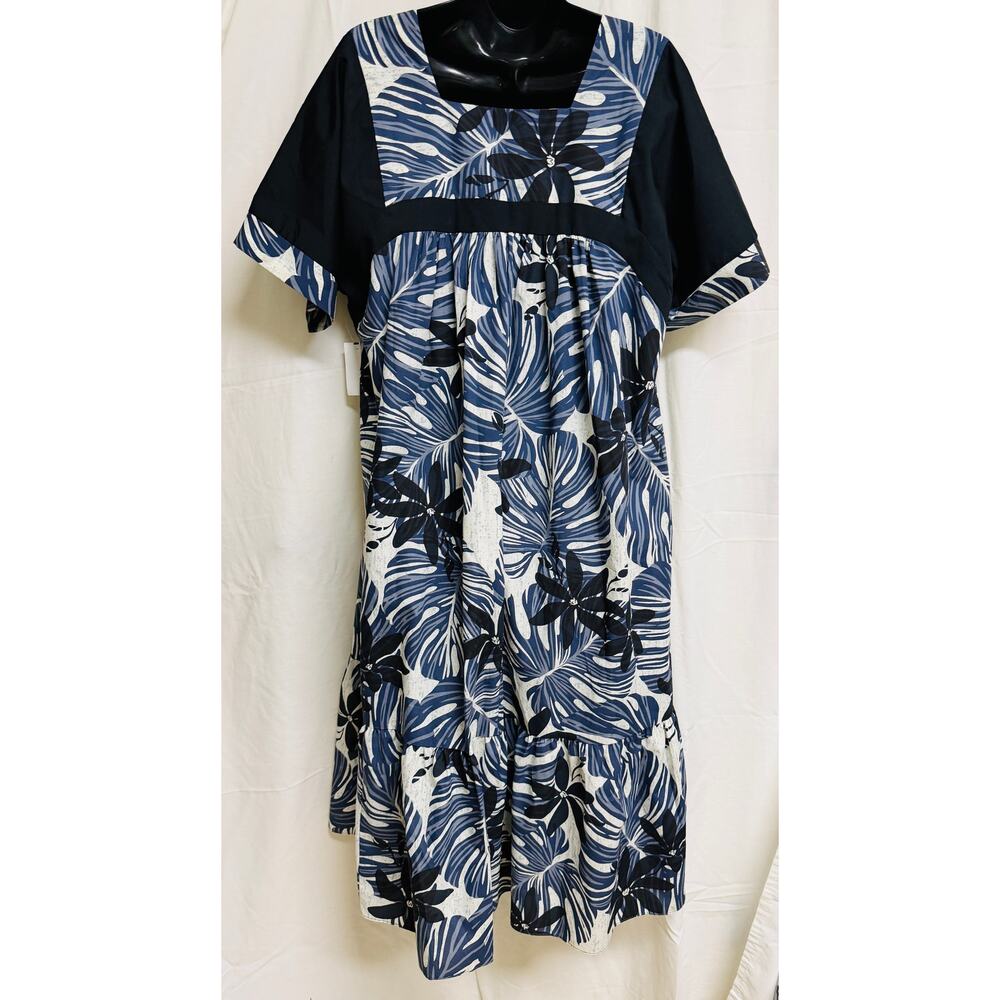 Good Times Womens Shift Midi Muumuu Dress XL Blue Black Hawaiian Aloha New - Picture 6 of 9